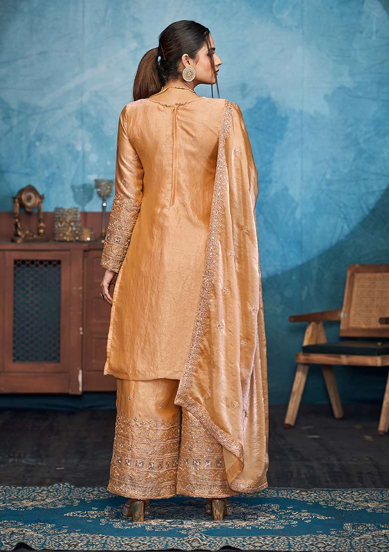 Golden Embroidered Silk Blend Straight Kurta Set - Indya