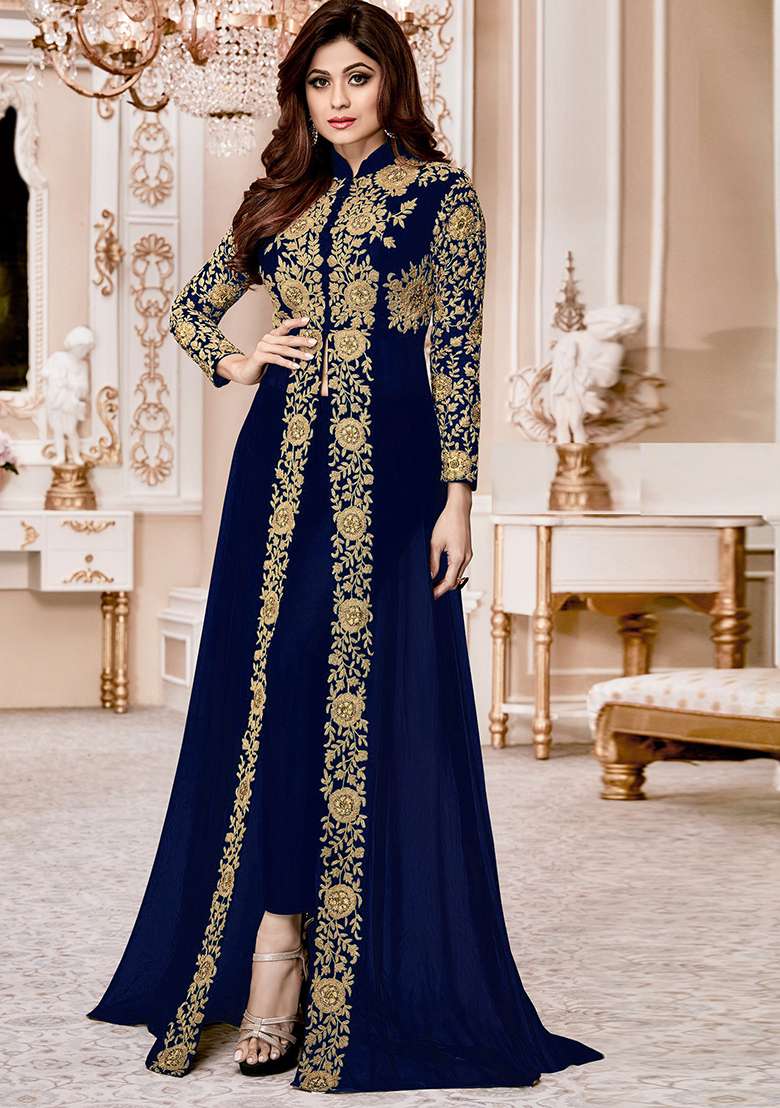 Blue Embroidered Georgette Anarkali Set - Indya