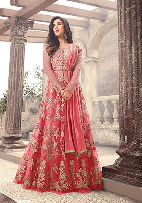 Dark Peach Thread Embroidered Net Anarkali Set