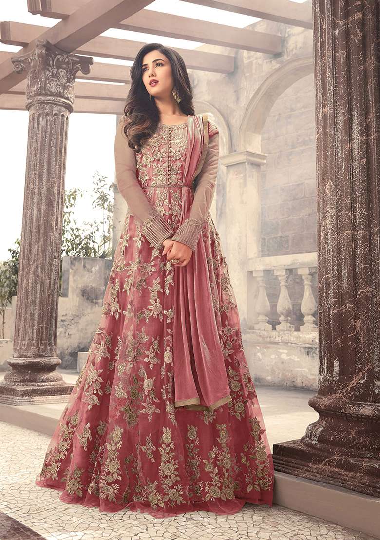Dark Peach Embroidered Net Anarkali Set - Indya