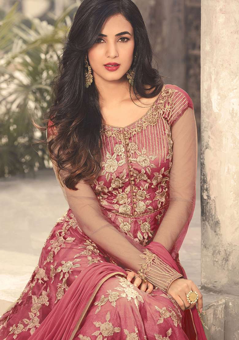 Dark Peach Embroidered Net Anarkali Set - Indya