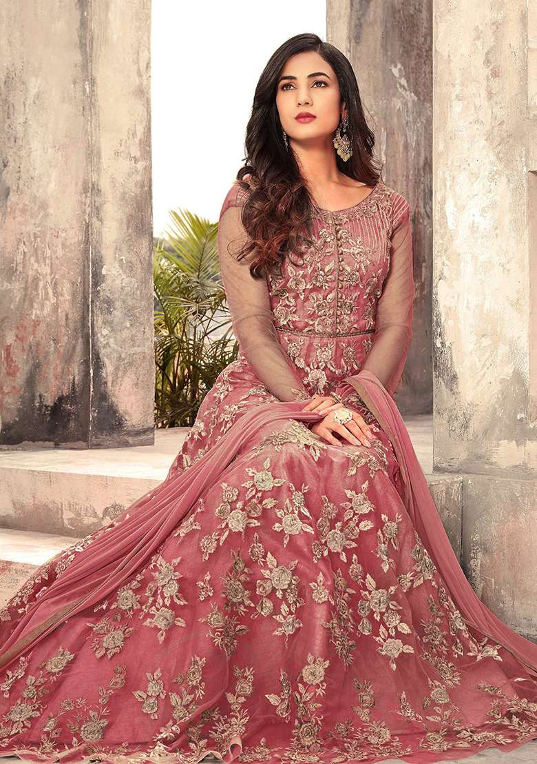 Dark Peach Embroidered Net Anarkali Set - Indya