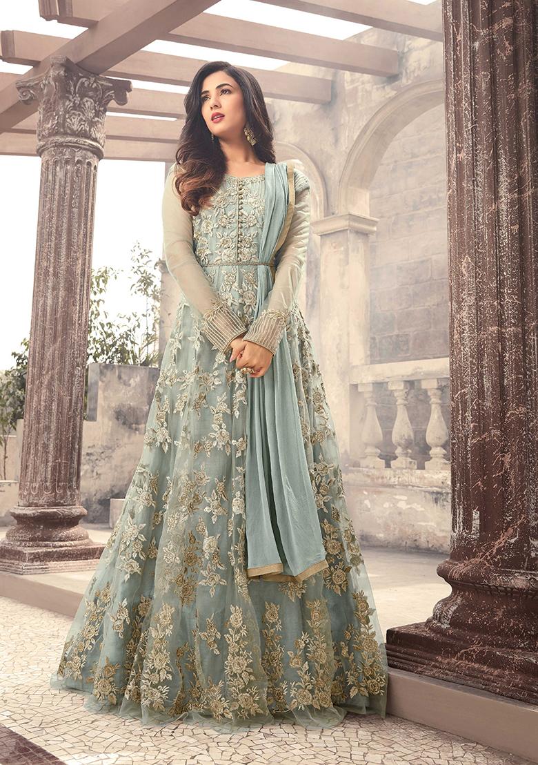 Buy Women Grey Thread Embroidered Net Anarkali Set XKU10143