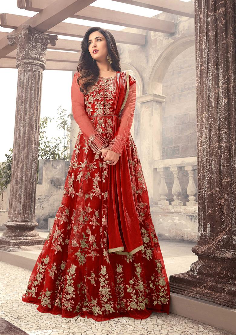 Red Thread Embroidered Net Anarkali Set