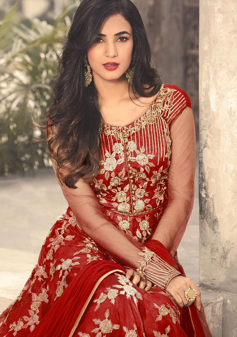 Red Thread Embroidered Net Anarkali Set