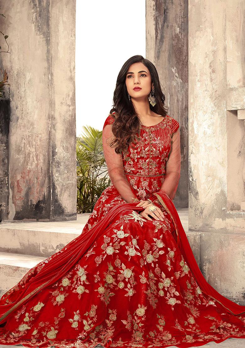 Red Thread Embroidered Net Anarkali Set