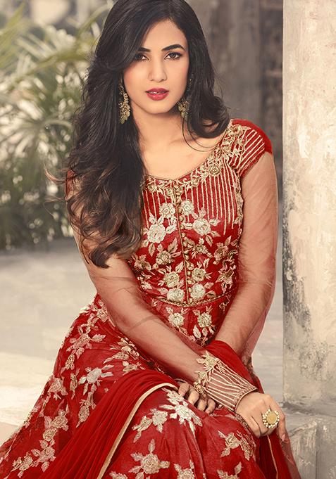 Red Thread Embroidered Net Anarkali Set