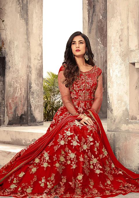 Red Thread Embroidered Net Anarkali Set