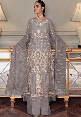 Grey Thread Embroidered Net Kurta Set