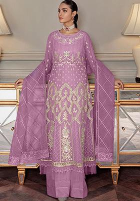 Purple Thread Embroidered Net Kurta Set