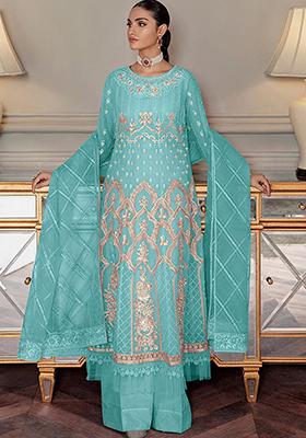 Turquoise Thread Embroidered Net Kurta Set
