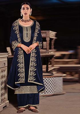 Blue Thread Embroidered Velvet Kurta Set