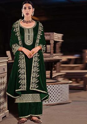 Green Thread Embroidered Velvet Kurta Set