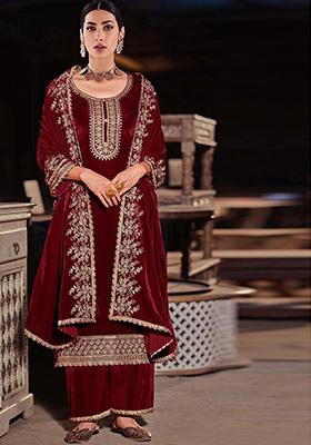 Maroon Thread Embroidered Velvet Kurta Set