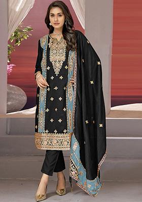 Black Thread Embroidered Chinon Silk Kurta Set