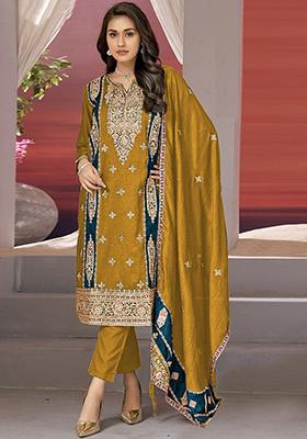 Mustard Yellow Thread Embroidered Chinon Silk Kurta Set