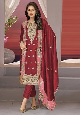 Red Thread Embroidered Chinon Silk Kurta Set