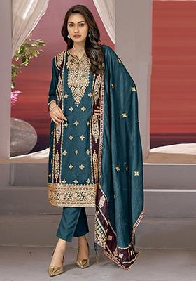 Turquoise Thread Embroidered Chinon Silk Kurta Set