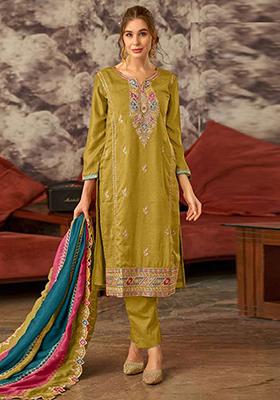 Mustard Thread Embroidered Vichitra silk Kurta Set