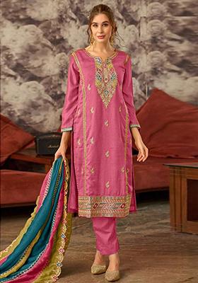 Pink Thread Embroidered Vichitra silk Kurta Set