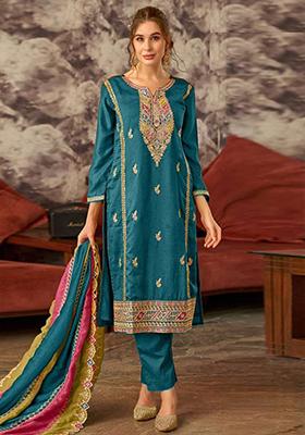 Turquoise Thread Embroidered Vichitra silk Kurta Set