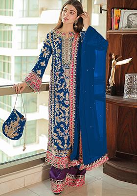 Blue Thread Embroidered Vichitra silk Kurta Set
