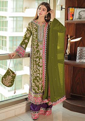 Olive Sequin Thread Embroidered Chinon Silk Kurta Set