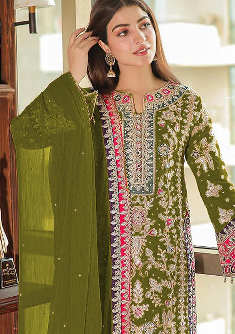 Olive Sequin Thread Embroidered Chinon Silk Kurta Set