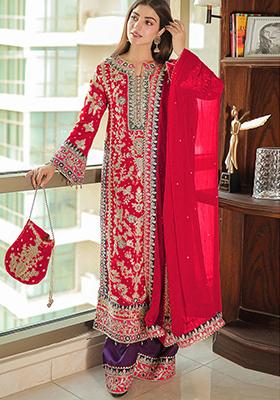 Red Sequin Thread Embroidered Chinon Silk Kurta Set