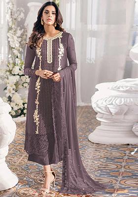 Dark Purple Sequin Thread Embroidered Chinon Silk Kurta Set