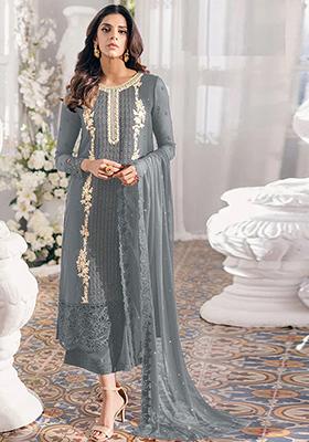 Grey Sequin Thread Embroidered Georgette Kurta Set