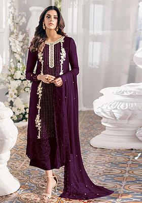 Purple Sequin Thread Embroidered Georgette Kurta Set