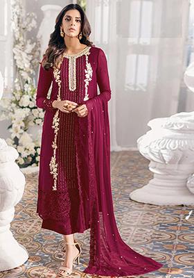 Red Sequin Thread Embroidered Georgette Kurta Set