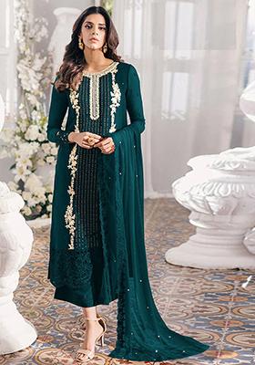 Turquoise Sequin Thread Embroidered Georgette Kurta Set