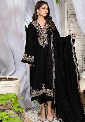 Black Sequin Thread Embroidered Velvet Kurta Set