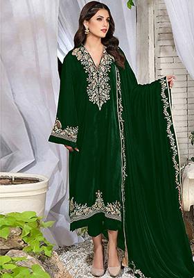 Green Sequin Thread Embroidered Velvet Kurta Set