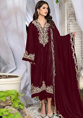 Maroon Sequin Thread Embroidered Velvet Kurta Set
