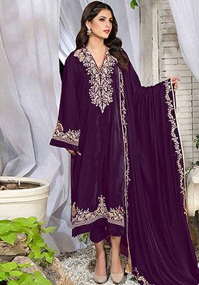 Purple Sequin Thread Embroidered Velvet Kurta Set
