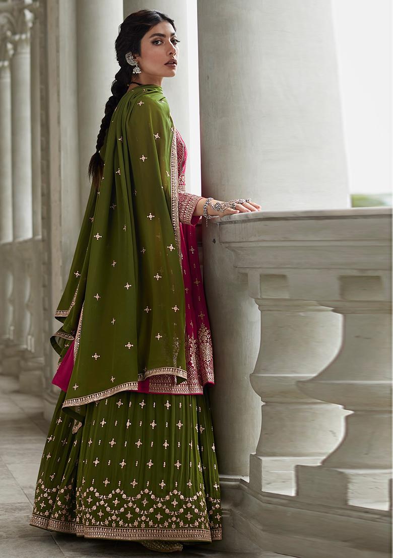 Rani Pink And Green Sequin Thread Embroidered Georgette Anarkali Set