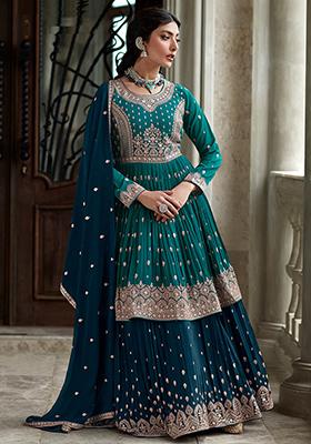 Turquoise Blue Sequin Thread Embroidered Georgette Anarkali Set
