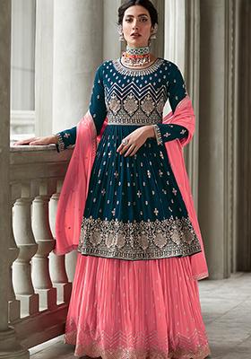 Turquoise Pink Sequin Thread Embroidered Georgette Anarkali Set