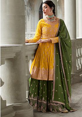 Yellow Green Sequin Thread Embroidered Georgette Anarkali Set