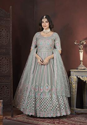 Pista Green Thread Embroidered Net Anarkali Set