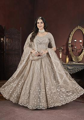 Beige Thread Embroidered Net Anarkali Set