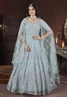 Sky Blue Thread Embroidered Net Anarkali Set