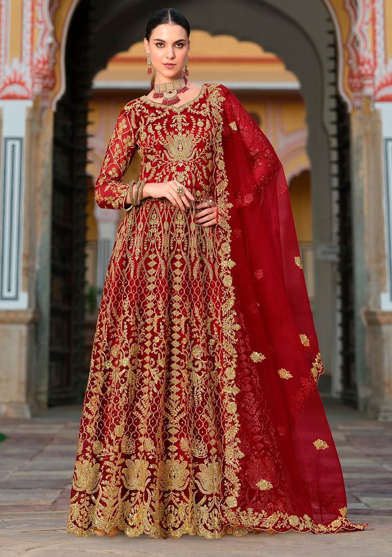 Red Sequin Embroidered Net Anarkali Set