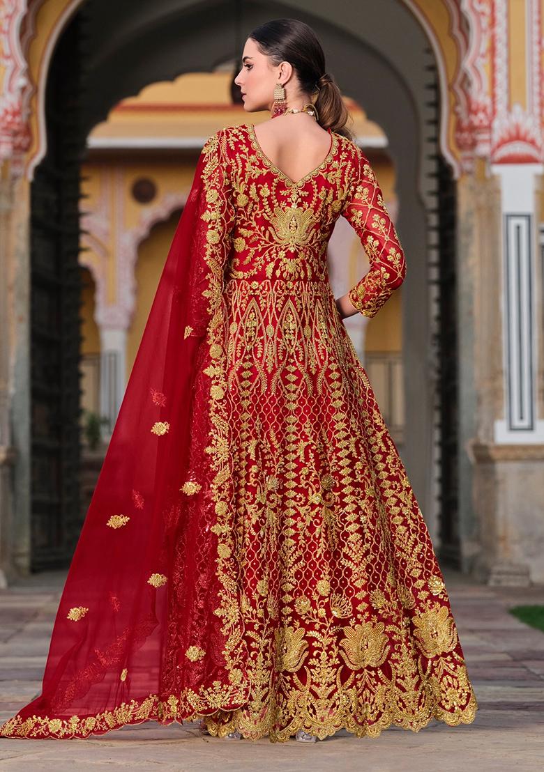 Red Sequin Embroidered Net Anarkali Set