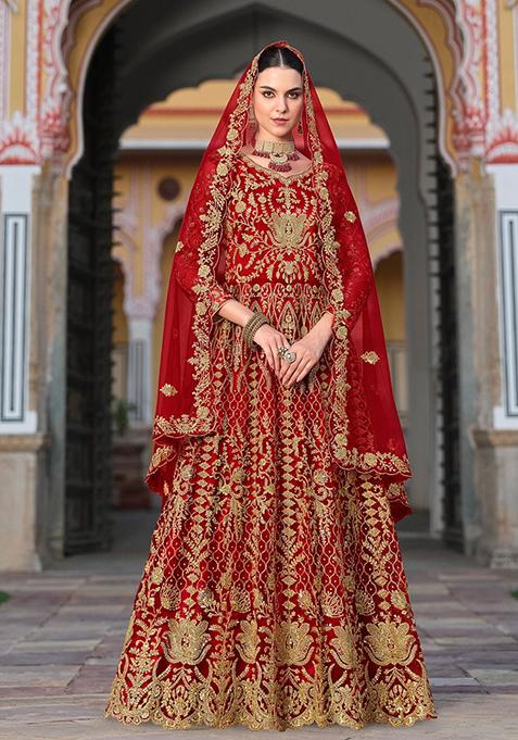 Red Sequin Embroidered Net Anarkali Set