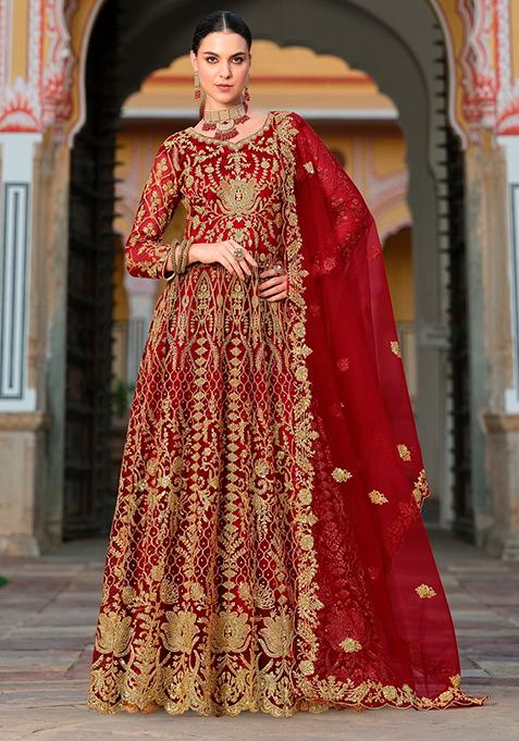 Red Sequin Embroidered Net Anarkali Set