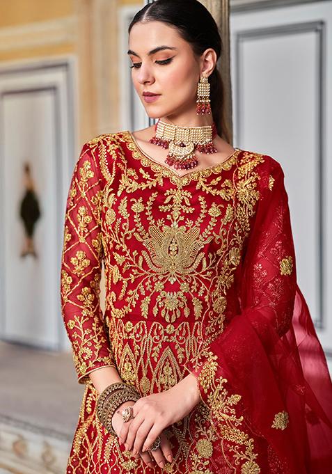 Red Sequin Embroidered Net Anarkali Set